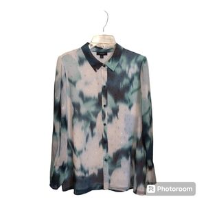 Alfani Womens Washed-Out Button Up Shirt Green and White Size L